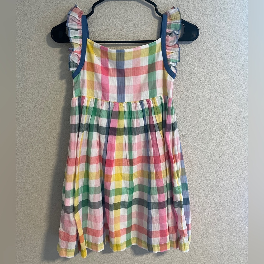 Mini Boden rainbow plaid ruffle strap dress